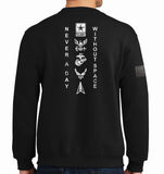 50-50 Blend Black on Black Crewneck Unisex Sweatshirt. This shirt IS approved for PT.