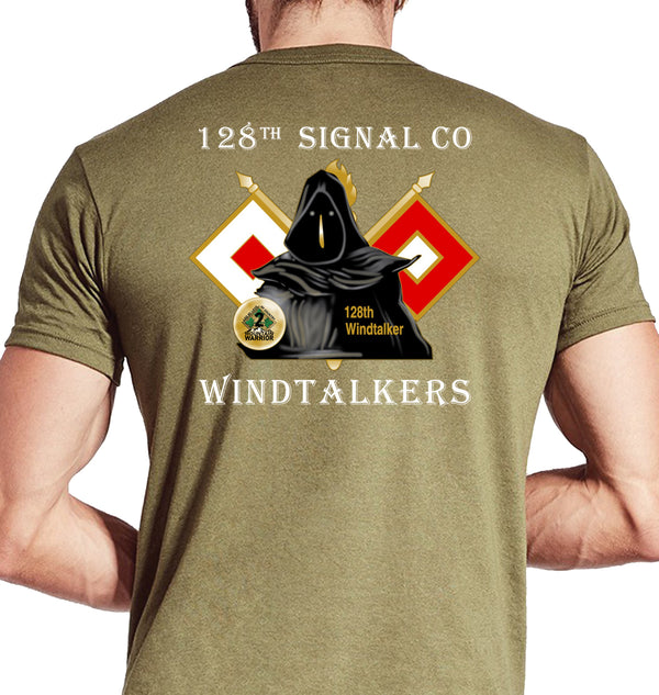 128th Sig Co Coyote Tan Unisex Shirt (White Design). This shirt is NOT approved for PT