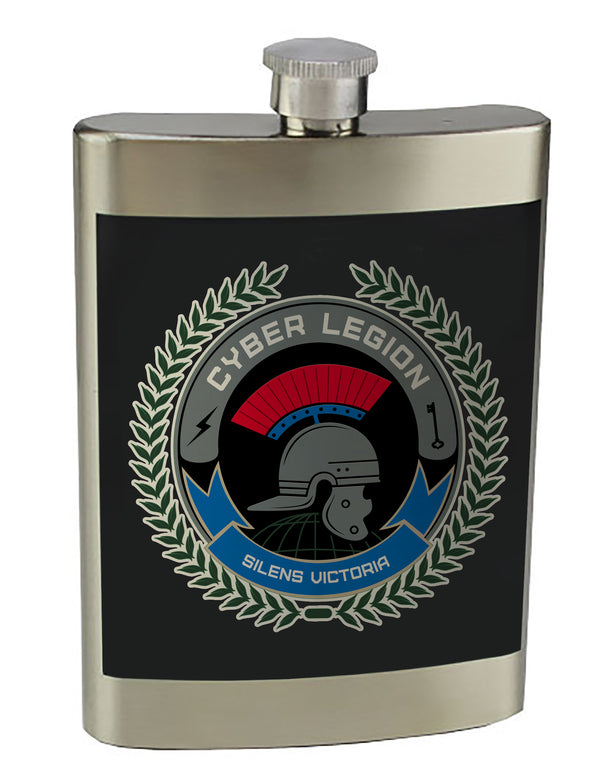 Cyber and Silent 8 oz. Stainless Steel Flask with screw on lid.