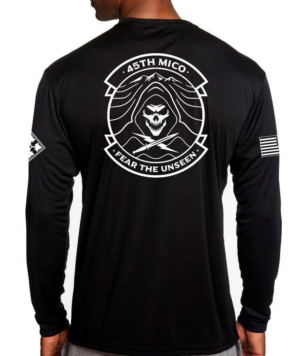 Long Sleeve Performance PT Shirt. White Design. This shirt IS approved for PT.