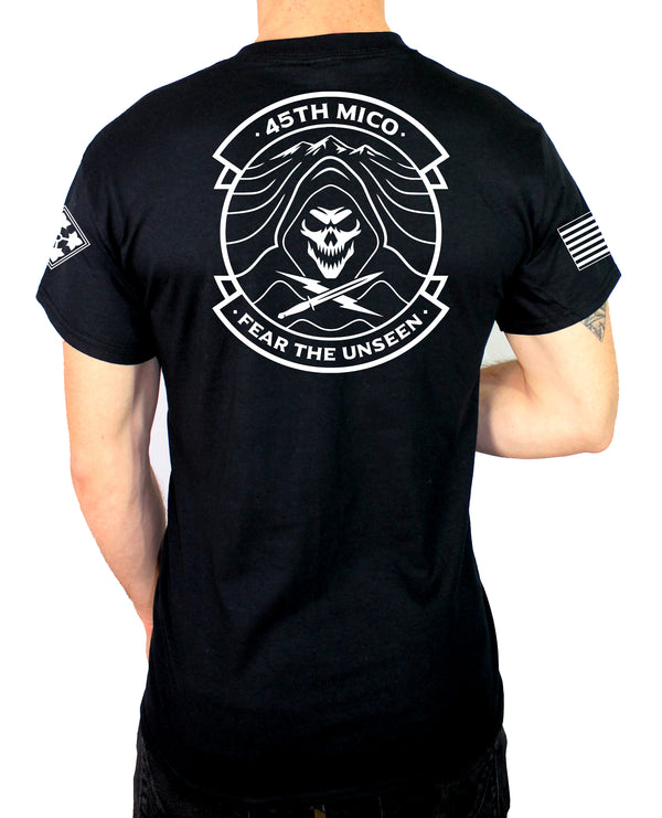 50-50 Blend Black Unisex PT Short Sleeve Shirt. White Design. Approved for PT