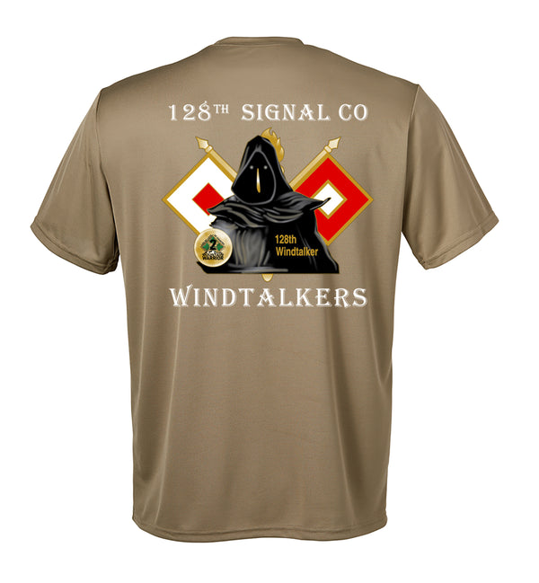 128th Sig Co Performance Coyote Tan Closed Mesh Unisex Shirt (White Design). This shirt is NOT approved for PT
