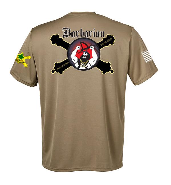 Barbarian Performance Coyote Tan Closed Mesh Unisex Shirt (Black Design). This shirt is NOT approved for PT