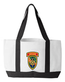 Shopping Bag, 18.5"W x 12"H with 3.5" depth. White Polyester with Black Straps and Bottom.