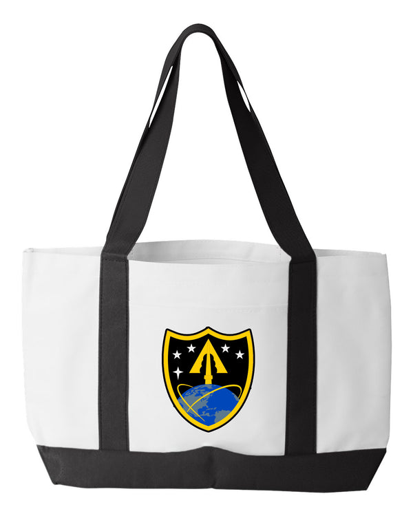 Shopping Bag - Multiple Designs. 18.5"W x 12"H with 3.5" depth. White Polyester with Black Straps and Bottom.