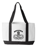 Shopping Bag, 18.5"W x 12"H with 3.5" depth. White Polyester with Black Straps and Bottom. Multiple Designs.