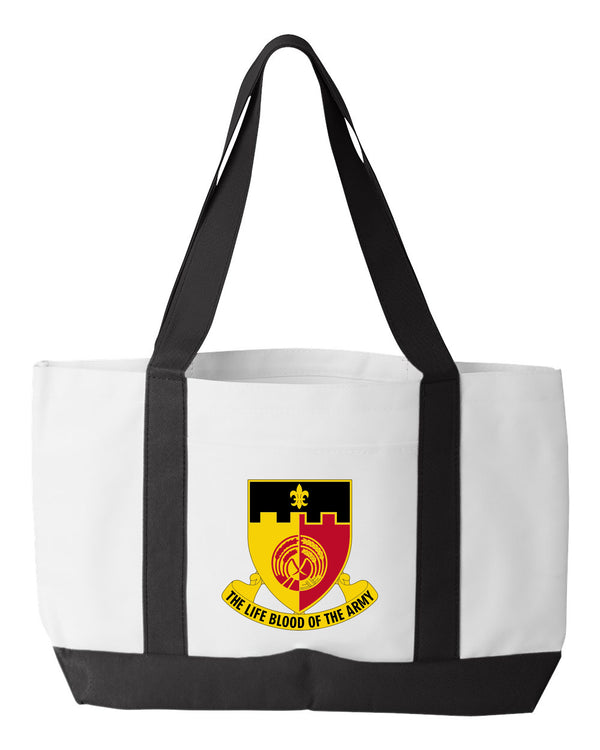 Shopping Bag, 18.5"W x 12"H with 3.5" depth. White Polyester with Black Straps and Bottom.