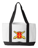 Shopping Bag, 18.5"W x 12"H with 3.5" depth. White Polyester with Black Straps and Bottom.