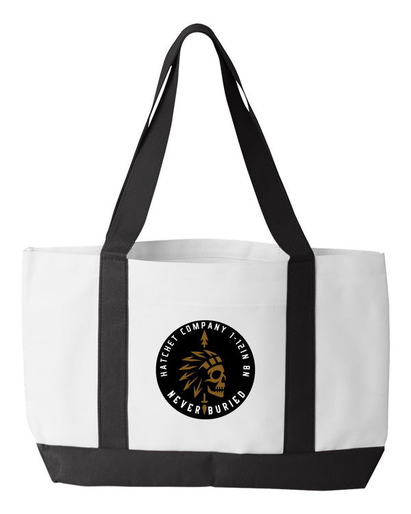 H Co Shopping Bag, 18.5"W x 12"H with 3.5" depth. White Polyester with Black Straps and Bottom.