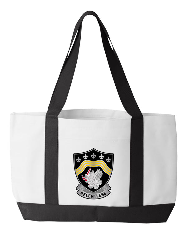 Relentless Shopping Bag, 18.5"W x 12"H with 3.5" depth. White Polyester with Black Straps and Bottom.