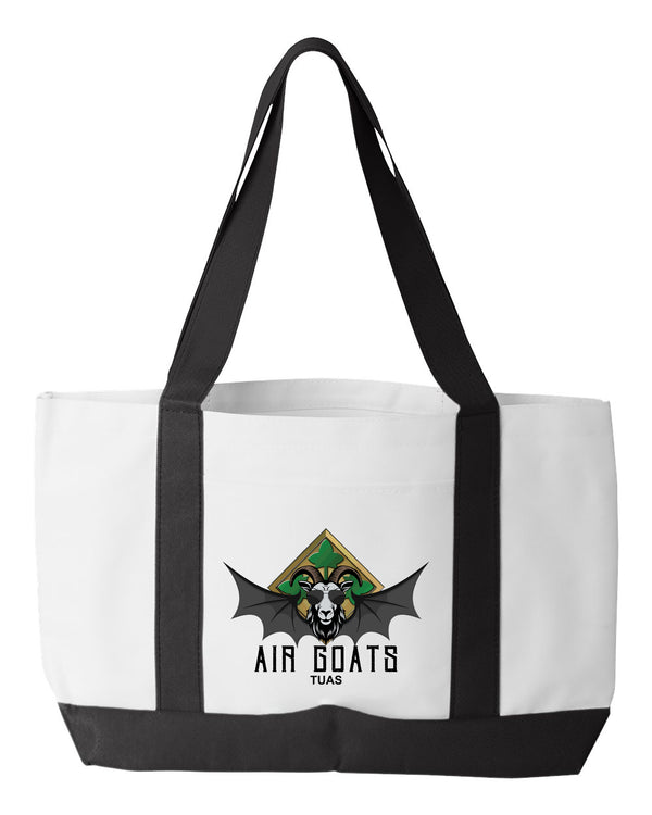 Shopping Bag, 18.5"W x 12"H with 3.5" depth. White Polyester with Black Straps and Bottom.