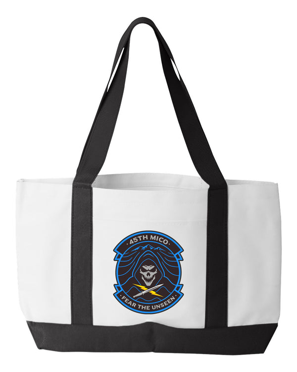 Shopping Bag, 18.5"W x 12"H with 3.5" depth. White Polyester with Black Straps and Bottom.