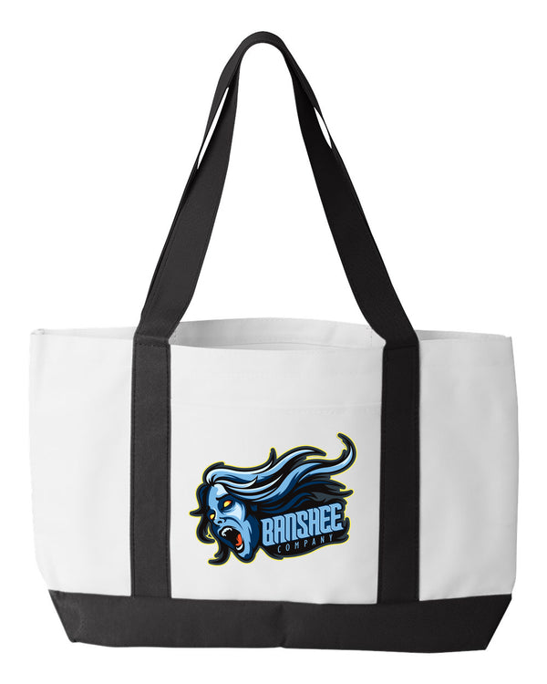 Shopping Bag, 18.5"W x 12"H with 3.5" depth. White Polyester with Black Straps and Bottom.