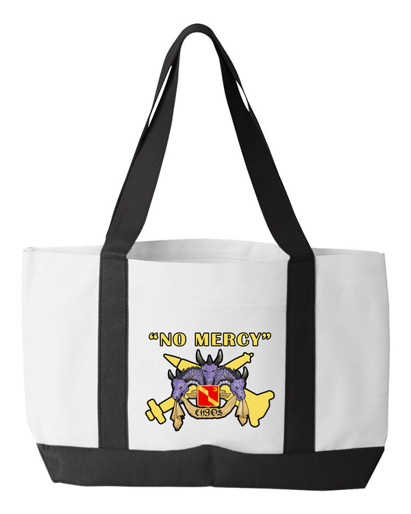 Shopping Bag, 18.5"W x 12"H with 3.5" depth. White Polyester with Black Straps and Bottom.