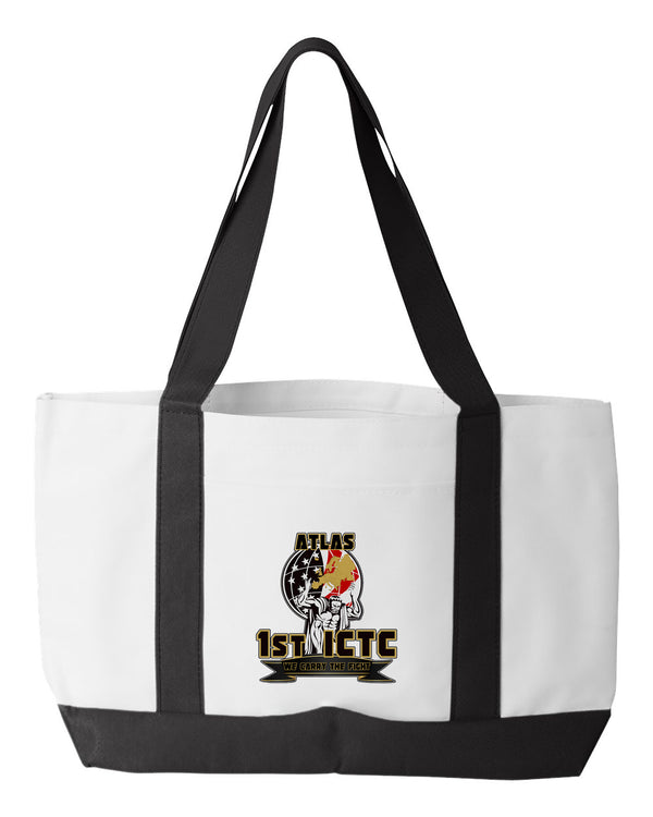 Shopping Bag, 18.5"W x 12"H with 3.5" depth. White Polyester with Black Straps and Bottom.