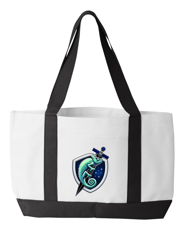 Shopping Bag, 18.5"W x 12"H with 3.5" depth. White Polyester with Black Straps and Bottom.