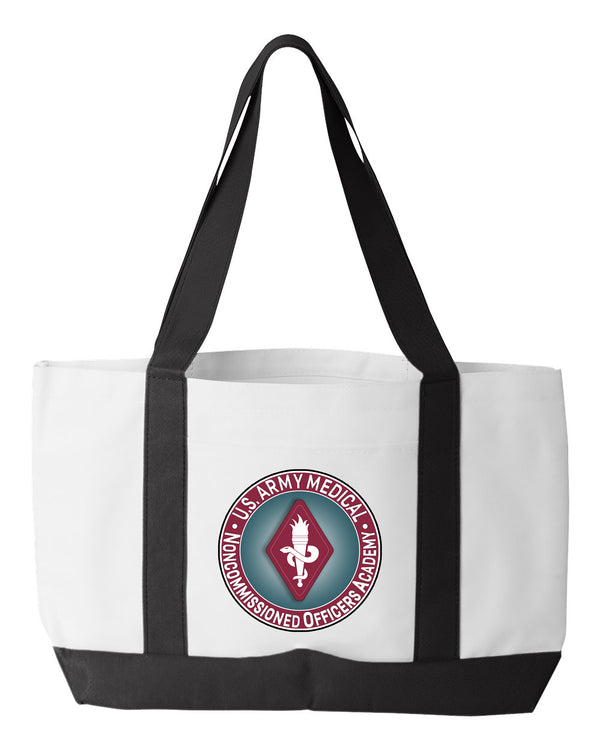 Shopping Bag, 18.5"W x 12"H with 3.5" depth. White Polyester with Black Straps and Bottom.