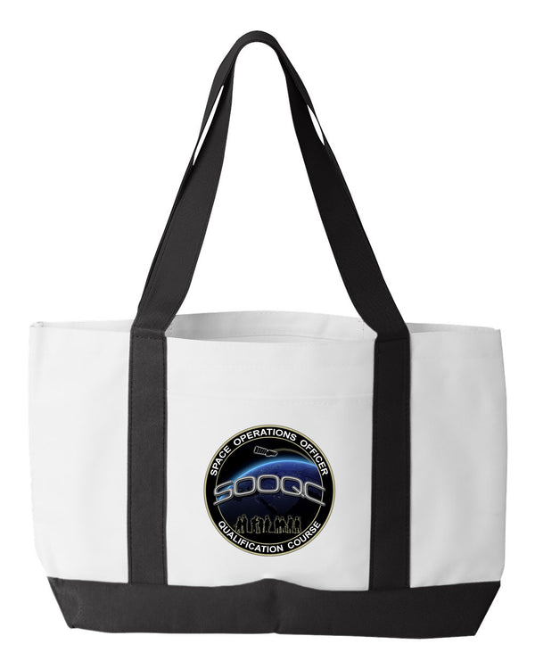 Shopping Bag, 18.5"W x 12"H with 3.5" depth. White Polyester with Black Straps and Bottom.