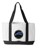 Shopping Bag, 18.5"W x 12"H with 3.5" depth. White Polyester with Black Straps and Bottom.