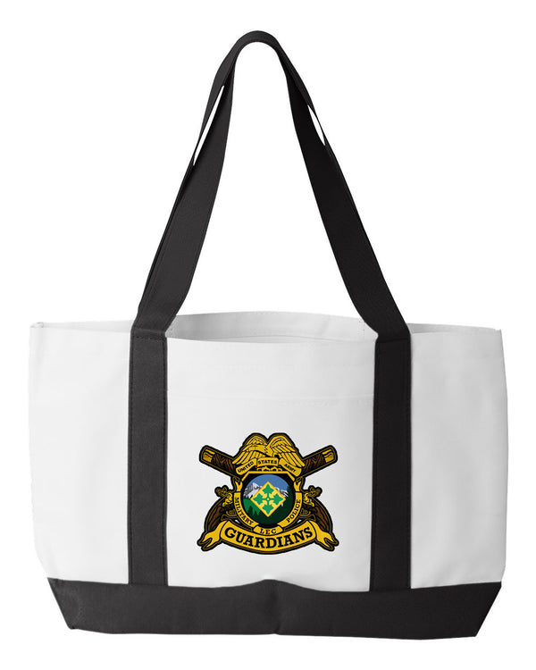 Shopping Bag, 18.5"W x 12"H with 3.5" depth. White Polyester with Black Straps and Bottom.