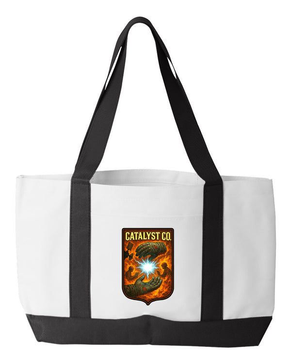 Shopping Bag, 18.5"W x 12"H with 3.5" depth. White Polyester with Black Straps and Bottom.