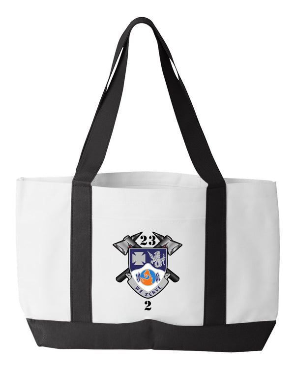 Shopping Bag, 18.5"W x 12"H with 3.5" depth. White Polyester with Black Straps and Bottom.