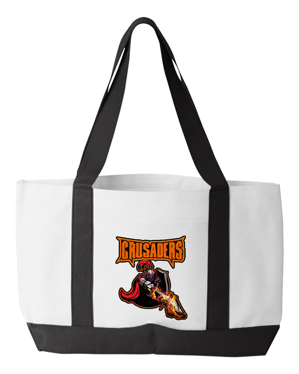 Shopping Bag, 18.5"W x 12"H with 3.5" depth. White Polyester with Black Straps and Bottom.