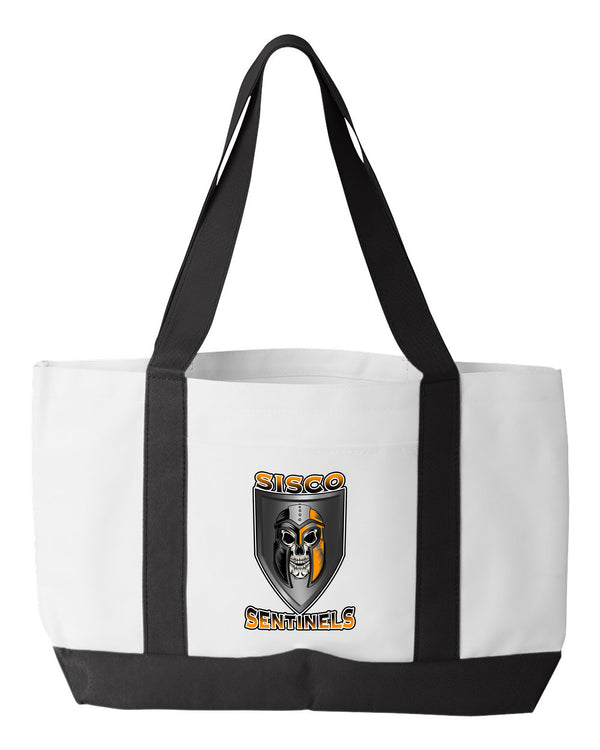 Shopping Bag, 18.5"W x 12"H with 3.5" depth. White Polyester with Black Straps and Bottom.