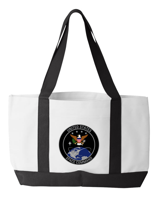 Shopping Bag, 18.5"W x 12"H with 3.5" depth. White Polyester with Black Straps and Bottom.