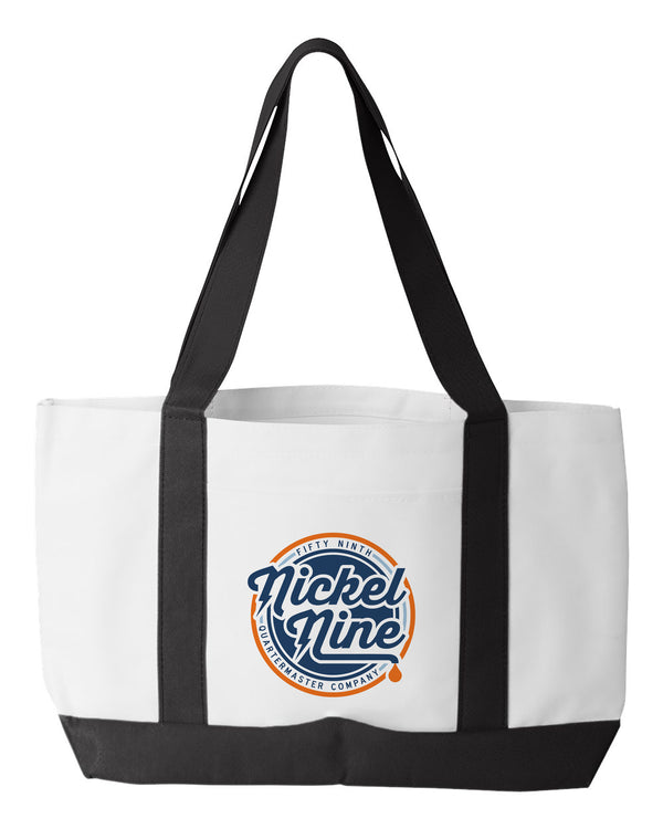 Shopping Bag, 18.5"W x 12"H with 3.5" depth. White Polyester with Black Straps and Bottom.