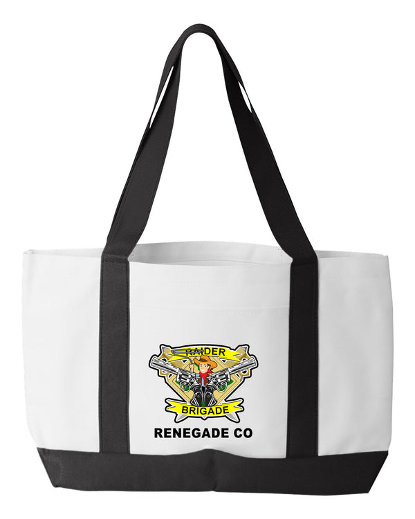 Shopping Bag, 18.5"W x 12"H with 3.5" depth. White Polyester with Black Straps and Bottom.