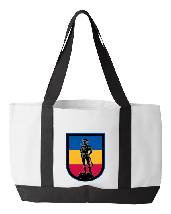 Shopping Bag, 18.5"W x 12"H with 3.5" depth. White Polyester with Black Straps and Bottom.