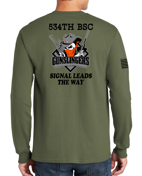 Gunslingers LS OD Green 100% Cotton Unisex Shirt. This shirt IS approved for PT