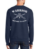 Warrior Crewneck Unisex 50-50 Blend Navy Sweatshirt (White Distressed Design).