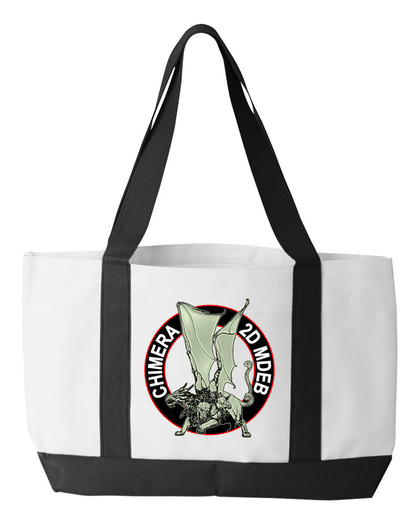 Shopping Bag, 18.5"W x 12"H with 3.5" depth. White Polyester with Black Straps and Bottom.