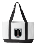 2d MDTF Shopping Bag, 18.5"W x 12"H with 3.5" depth. White Polyester with Black Straps and Bottom.