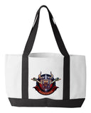 Barbarian Shopping Bag, 18.5"W x 12"H with 3.5" depth. White Polyester with Black Straps and Bottom.