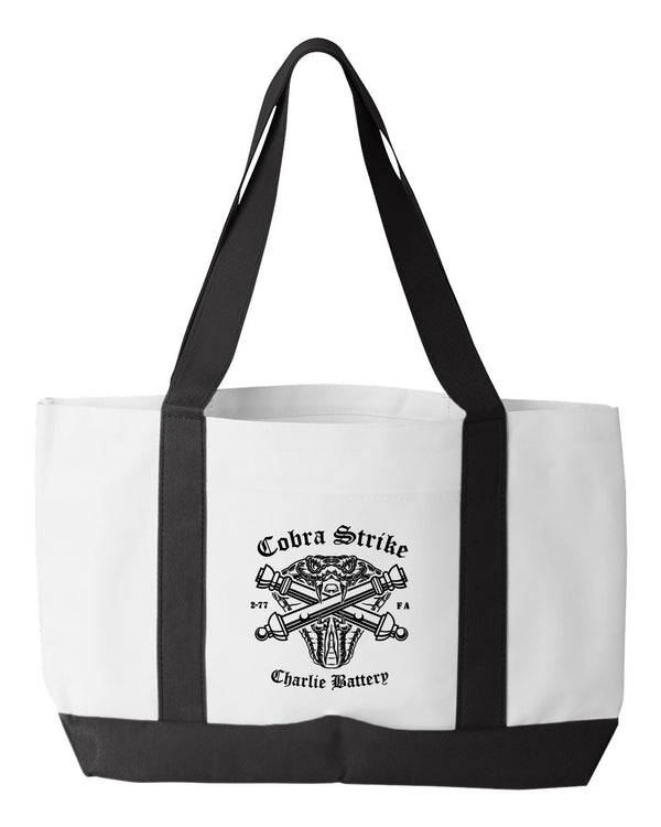 Cobra Strike Shopping Bag, 18.5"W x 12"H with 3.5" depth. White Polyester with Black Straps and Bottom.