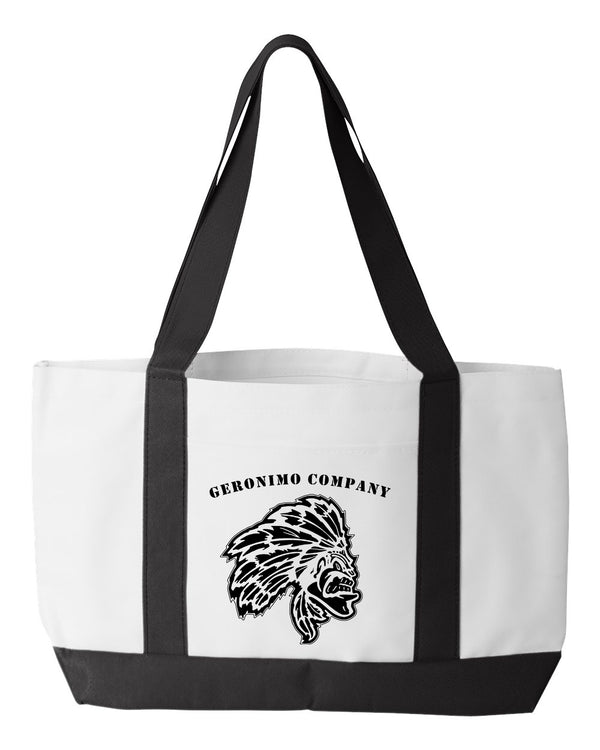 G Co Shopping Bag, 18.5"W x 12"H with 3.5" depth. White Polyester with Black Straps and Bottom.