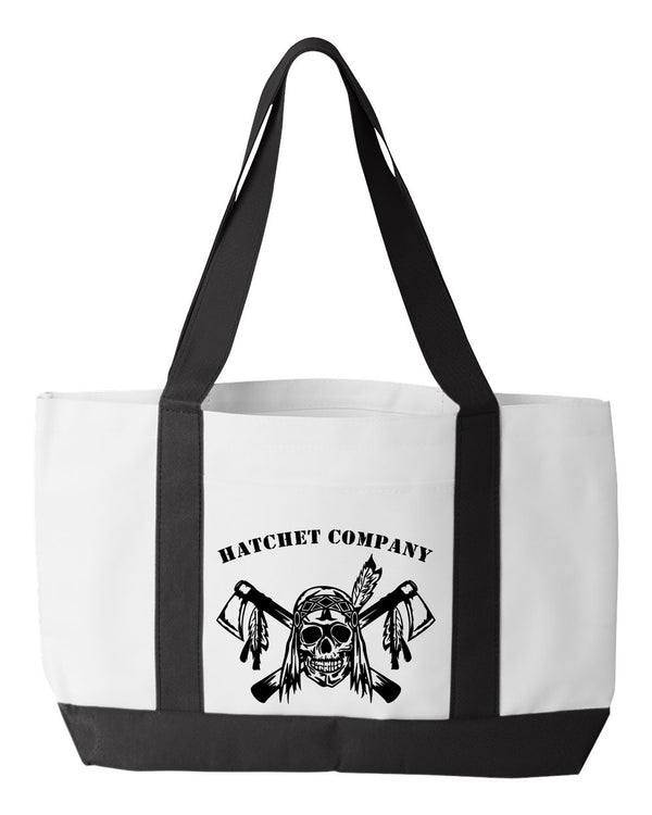 H Co Shopping Bag, 18.5"W x 12"H with 3.5" depth. White Polyester with Black Straps and Bottom.