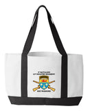 RW Crest Shopping Bag, 18.5"W x 12"H with 3.5" depth. White Polyester with Black Straps and Bottom.