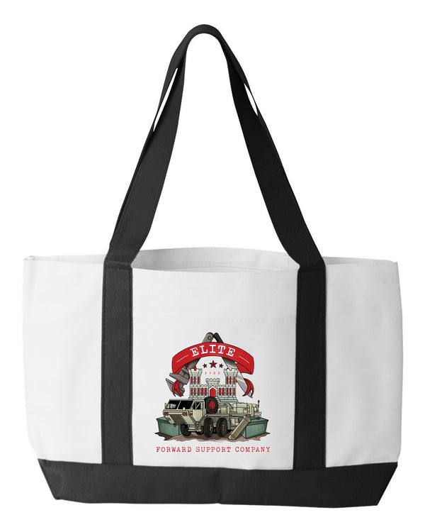 Shopping Bag, 18.5"W x 12"H with 3.5" depth. White Polyester with Black Straps and Bottom.