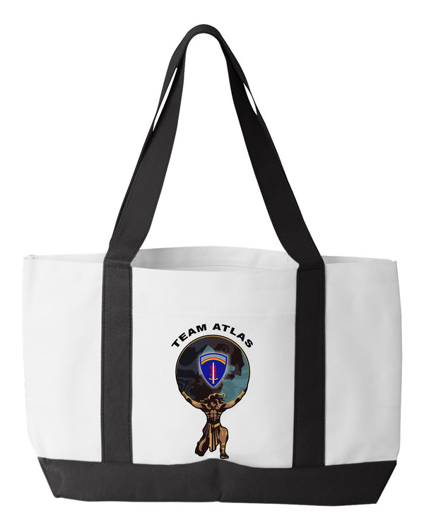 Shopping Bag, 18.5"W x 12"H with 3.5" depth. White Polyester with Black Straps and Bottom.