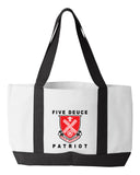 Shopping Bag, 18.5"W x 12"H with 3.5" depth. White Polyester with Black Straps and Bottom.