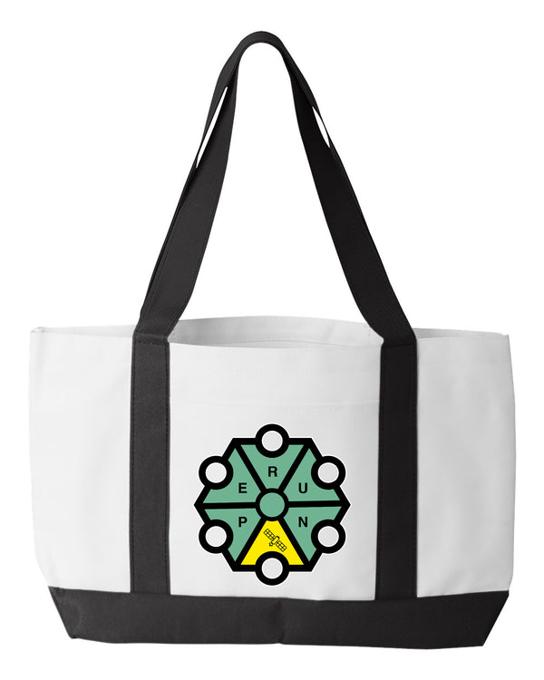 Shopping Bag, 18.5"W x 12"H with 3.5" depth. White Polyester with Black Straps and Bottom.