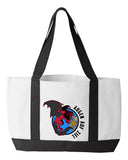 Shopping Bag, 18.5"W x 12"H with 3.5" depth. White Polyester with Black Straps and Bottom.