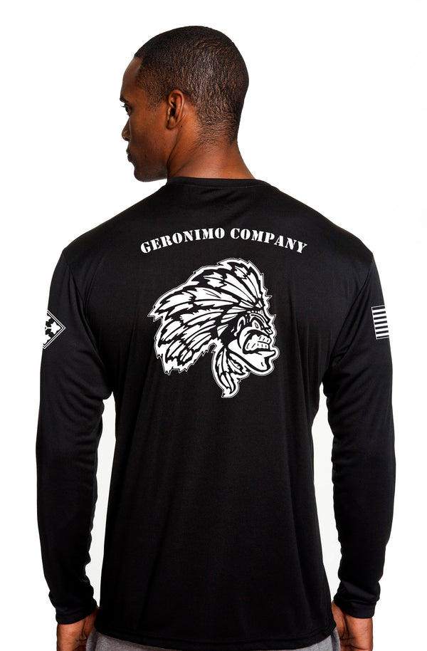 Geronimo Company Black Performance PT Unisex Shirt. This shirt is approved for PT *FREE Liaison Pick-up for orders being sent to Base only*