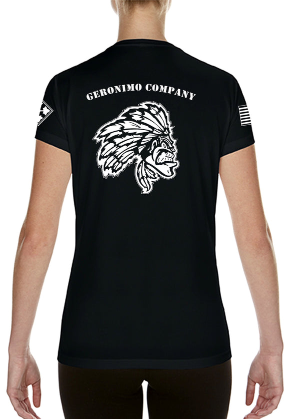 Geronimo Company Ladies Cut Black Athletic T-Shirt. **This shirt is NOT approved for PT. *FREE Liaison pick up to base only*