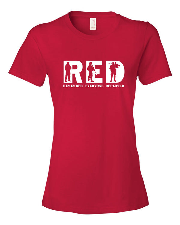 RED Remember Everyone Deployed Ladies Cut Red or White Crew Neck T-Shirts.