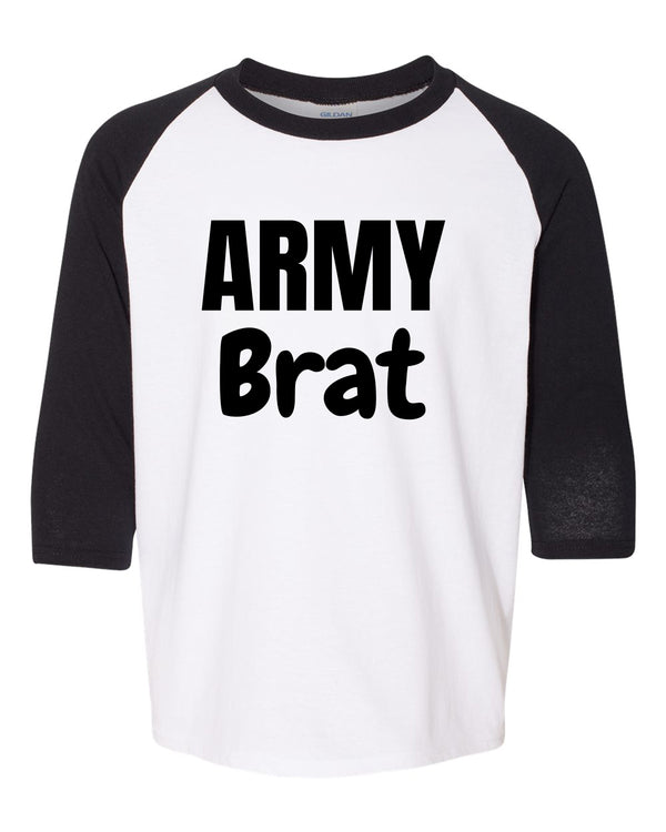 Youth Raglan Base Ball Shirt with Black "Army Brat" Design.